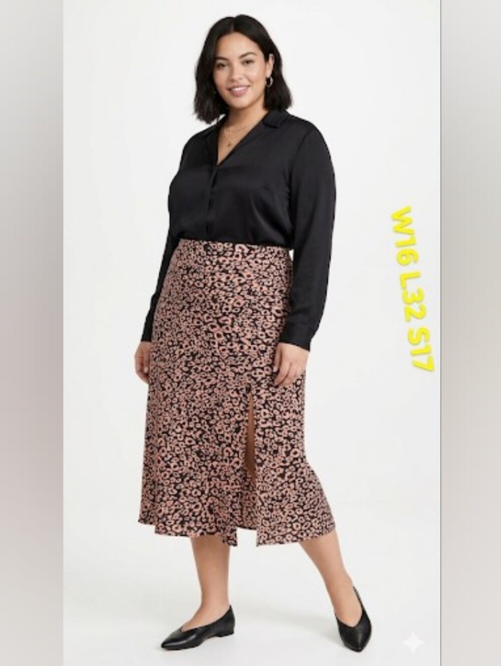 NWOT Large Floral Midi Slip Skirt with Side Slit - Pink/Black